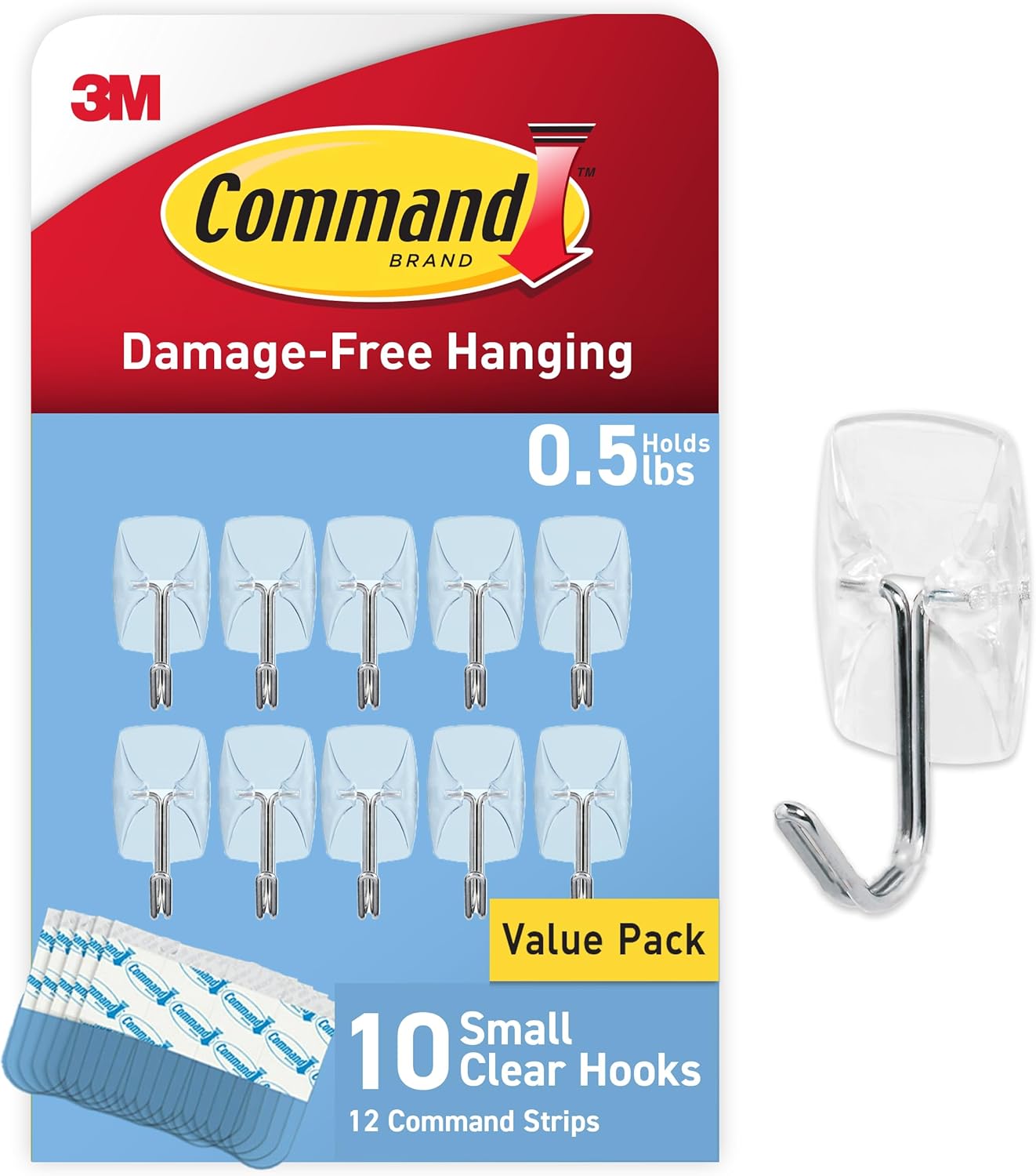 Command Small Clear Wire Hooks, 10 Hooks, 12 Strips | Damage-Free Hanging, No Tools Wall Hooks for Hanging Decorations in Living Spaces, Holds up to 0.5 lb
