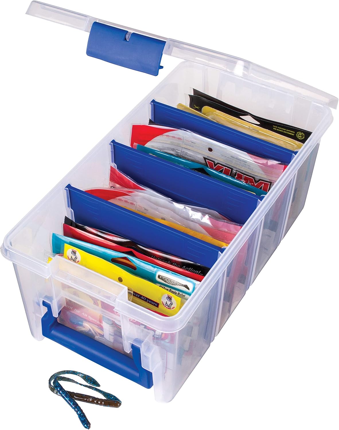 Flambeau Outdoors Super Half Satchel Soft Bait Organizer, Zerust, Clear | Organizes soft bait packages upright in 4 compartments with 3 Zerust dividers. Translucent lid and base, clear