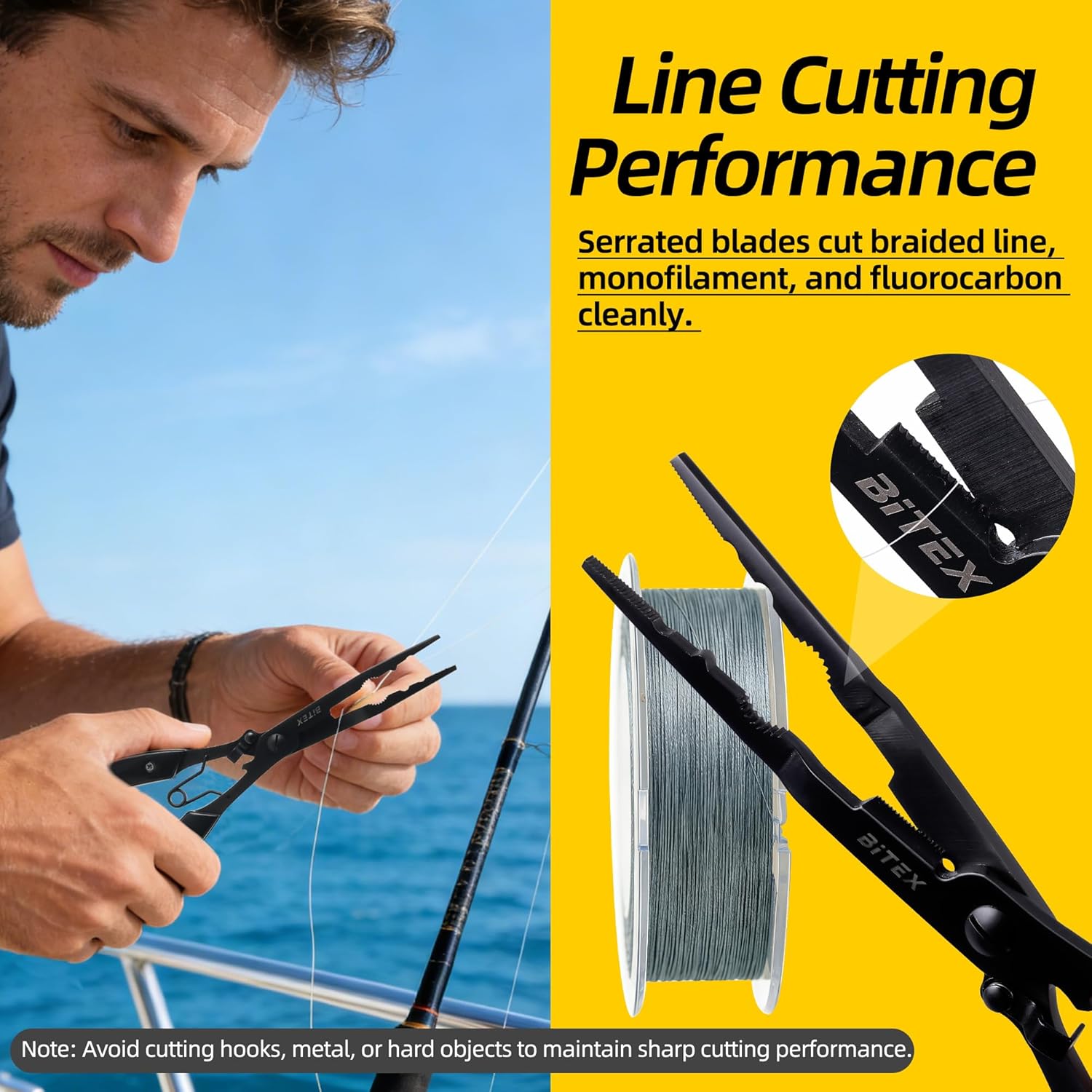 BiteX Saltwater Long Nose Fishing Pliers with Braid Cutter & Hook Remover | Titanium-Coated Stainless Steel, Extended Reach, Better Control, Deep-Set Hook Remover, One-Hand Operation, Lanyard & Sheath - Image 4